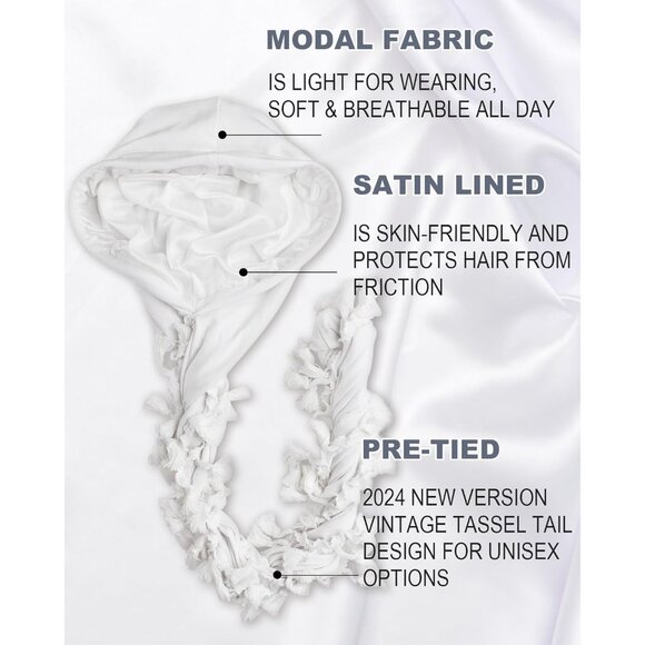 ⚡Men Women 1 Pcs- White Satin Head Wraps Skull Cap Tassels Braid Beanie Turban - Picture 2 of 9